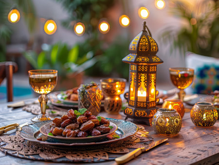 Festive oriental table with lantern and traditional sweetsの素材