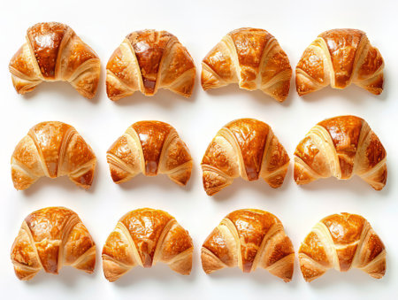 Fresh golden croissants on white backgroundの素材