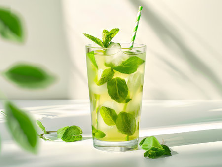 Mint Herbal Iced Drink in Glass with Leaves and Iceの素材