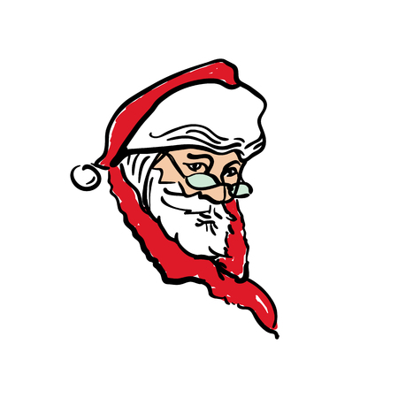 Portrait of Santa in a hat and glasses. Santa Claus head. Christmas symbol hand drawn illustration sketch. Vector artwork. Template for your design works.のイラスト素材