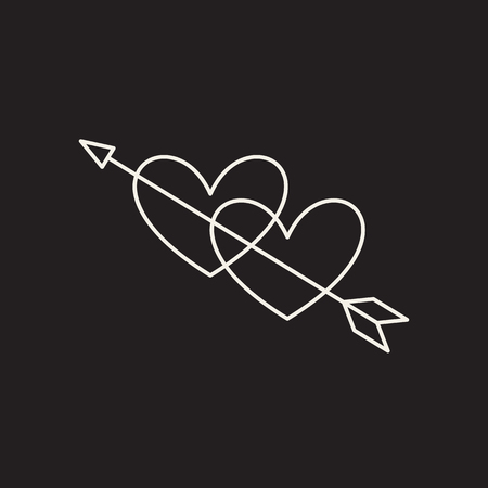 Linear illustration of an icon of two hearts pierced by an arrow, hearts and arrow, love between a man and a woman, fall in love, Valentine's Day, love, a holiday of love on a black background.のイラスト素材