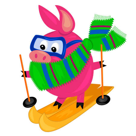 pig skiing.isolated character.vector のイラスト素材