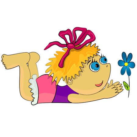 cartoon baby girl playing flower. childhood illustrationのイラスト素材