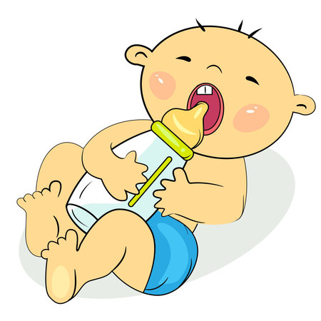 cartoon little baby eating milk  boy with diaper painting のイラスト素材