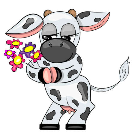 cow holding flowers painting. farm animal iconのイラスト素材