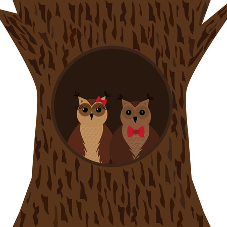 Vector illustration. A pair of owls in the hollow. Isolated on white background.のイラスト素材