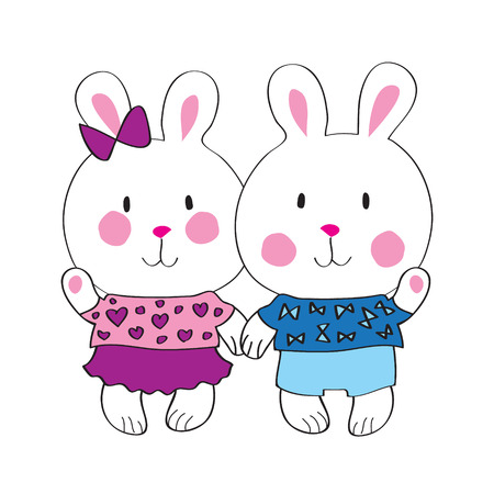 Funny bunnies holding hands on a white background Vector charactersのイラスト素材