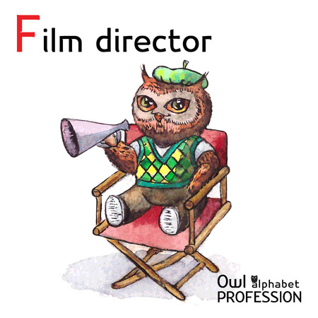 Alphabet professions Owl Letter F - Film Director character on a white background Vector Watercolorのイラスト素材