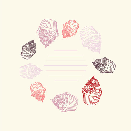 Circular pattern of cupcakes with chalks. Sketches hand-drawnのイラスト素材