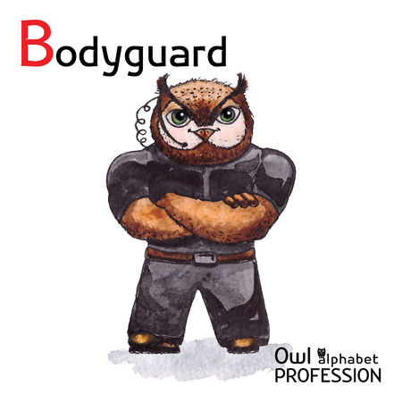 Alphabet professions Owl Letter B - Bodyguard Vector Watercolorのイラスト素材