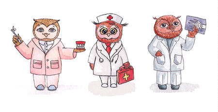 Owls dentist, nurse, radiologist. Vector set of watercolorのイラスト素材