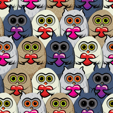Seamless pattern with colorful owls with heartsのイラスト素材