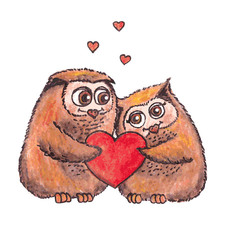 owls in love with heart watercolorのイラスト素材