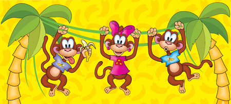 Three monkeys hanging on vines. Vector characters, symbol 2016.のイラスト素材