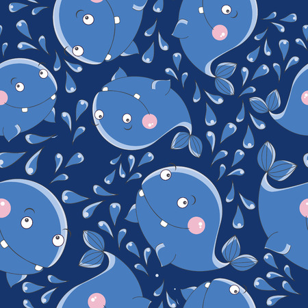 Funny whale, vector seamless pattern. Cute charactersのイラスト素材