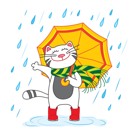 Cat with umbrella under the rain. Vector illustrationのイラスト素材