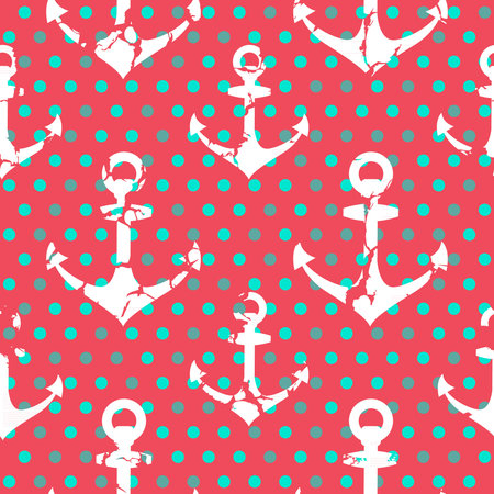Coral background polka dots seamless pattern with anchors. のイラスト素材