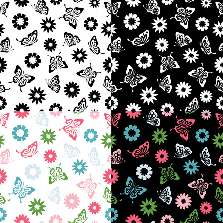 Vector set Butterflies seamless pattern flowers.のイラスト素材
