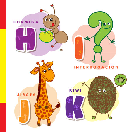 Spanish alphabet. Ant, question, giraffe, kiwi. Vector letters and characters.のイラスト素材