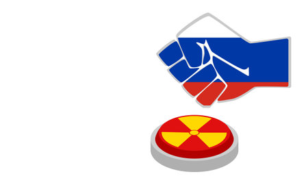 Hand pushing the start button. Fist in russian flag colors ready to drop an atomic or nuclear bomb.のイラスト素材
