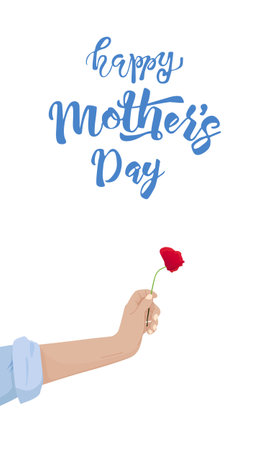 Mothers Day greeting card. Female hand holding a poppy flower with lettering happy mothers day isolated on white background. Stylish decorative design. Postcard present for a mom.のイラスト素材