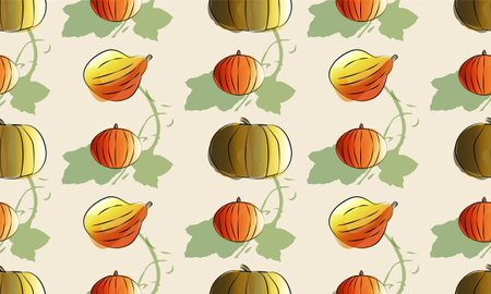 Pumpkins Seamless Pattern. Autumn background in watercolor style. Pattern design for Harvest festival or Thanksgiving day. Illustration for wrapping paper, and textiles.のイラスト素材