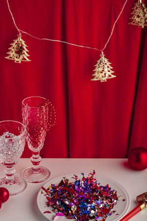 Table with New years still life party themed image of holiday decorations.の写真素材