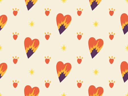 Retro seamless pattern with heart. Groovy elements. 70s hippie wallpaper, psychedelic style. Cartoon funky design. Vintage hippy style. Positive symbols or badges.のイラスト素材