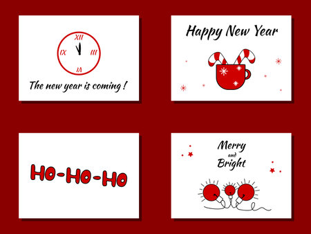 Set of Christmas and New Year greeting cards with decorative elements with text. Doodle in cartoon style. Printable card template. A set of winter collection clipart. Ready-made postcards and posters.のイラスト素材