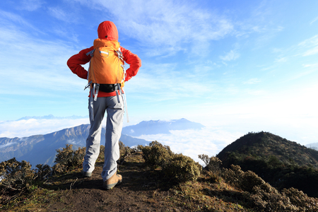 young woman hiker on mountain peakの写真素材