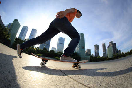 skateboarder skateboarding at sunrise city