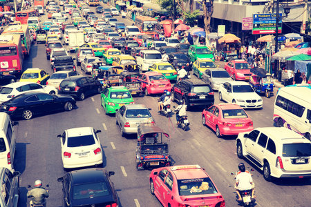 Traffic jam on the centeral world road, Bangkok, Thailand