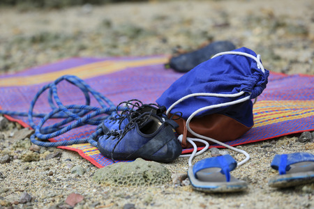 closeup of rock climbing gears outdoorの写真素材