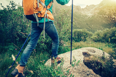 backpacking woman hiker hiking in the natureの写真素材