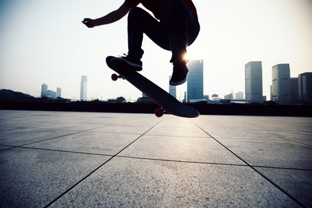 Skateboarder skateboarding at sunrise cityの写真素材