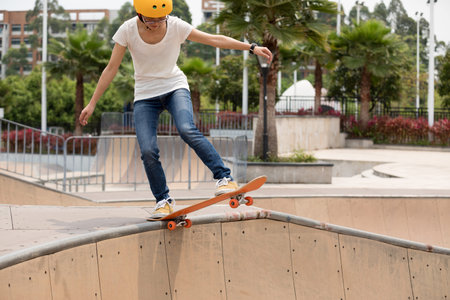 Skateboarder on skatepark rampの写真素材