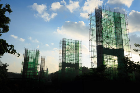 Steel bridge construction with scaffolding and framework