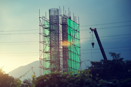 Steel bridge construction with scaffolding and frameworkの写真素材