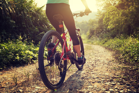 Woman cyclist riding mountain bike on rocky trail at sunny dayの写真素材