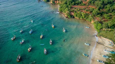 aerial view of tropical coastline and fisherman villageの写真素材