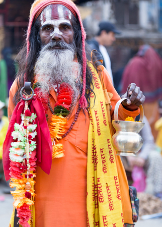 KATHMANDU, NEPAL - NOVEMBER 12: Holy Sadhu men with traditional painted face, NOVEMBER 12 2016, ATHMANDU, NEPALのeditorial素材