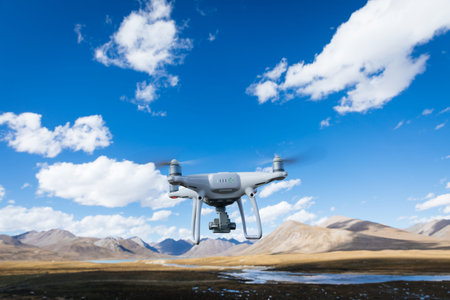 Flying drone taking picture of beautiful high altitude lagoon and mountains landscape in Tibet,China