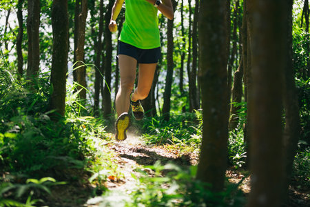 Young woman trail runner running in sunrise tropical forest