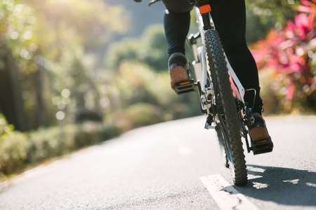 Woman riding a bike on tropical park trail in springの写真素材