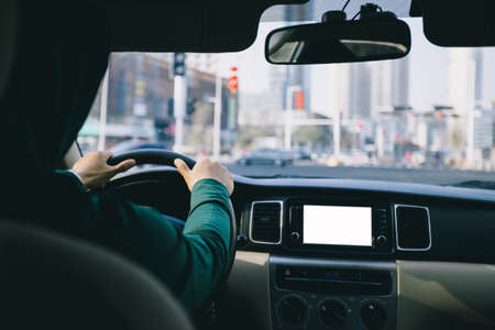 Driving car on city roadの写真素材