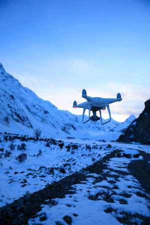 Flying drone taking picture of glacier lagoon  in Tibet,Chinaの写真素材