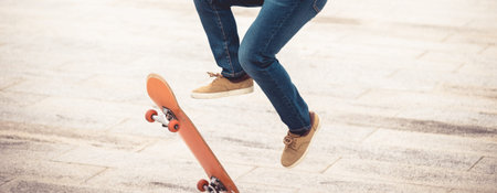 Asian woman skateboarder skateboarding in modern city