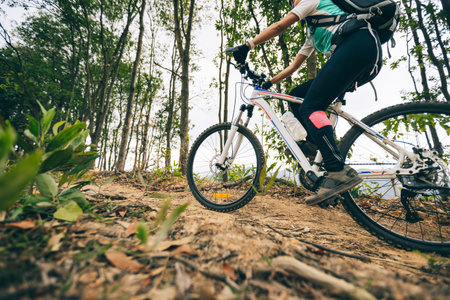 Woman cyclist cycling on mountain top forest trail