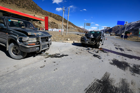 Two serious crashed accident cars on roadの写真素材