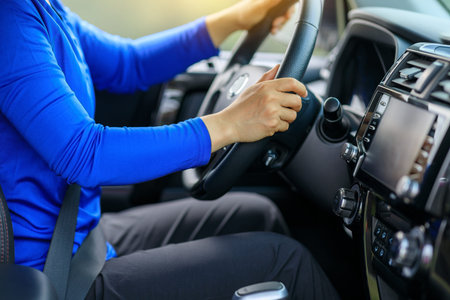 Driver driving car in the spring nature